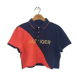 Tommy Hilfiger Custom Cropped Polo Shirt Womens XL Navy Blue Red Spellout